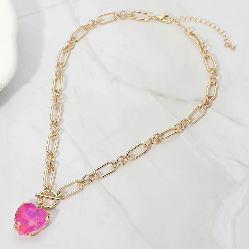 Plum Heart Toggle Paperclip Link Crystal Pendant Necklace Gold Jewelry Chain
